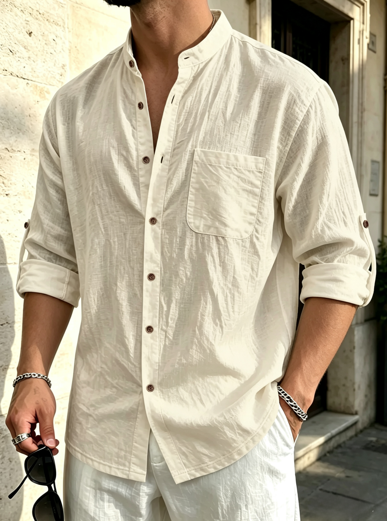 Men's Linen Stand Collar Long Sleeve Shirt