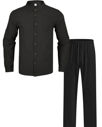 Men's Linen Blend Stand Collar Shirt and Pants Set